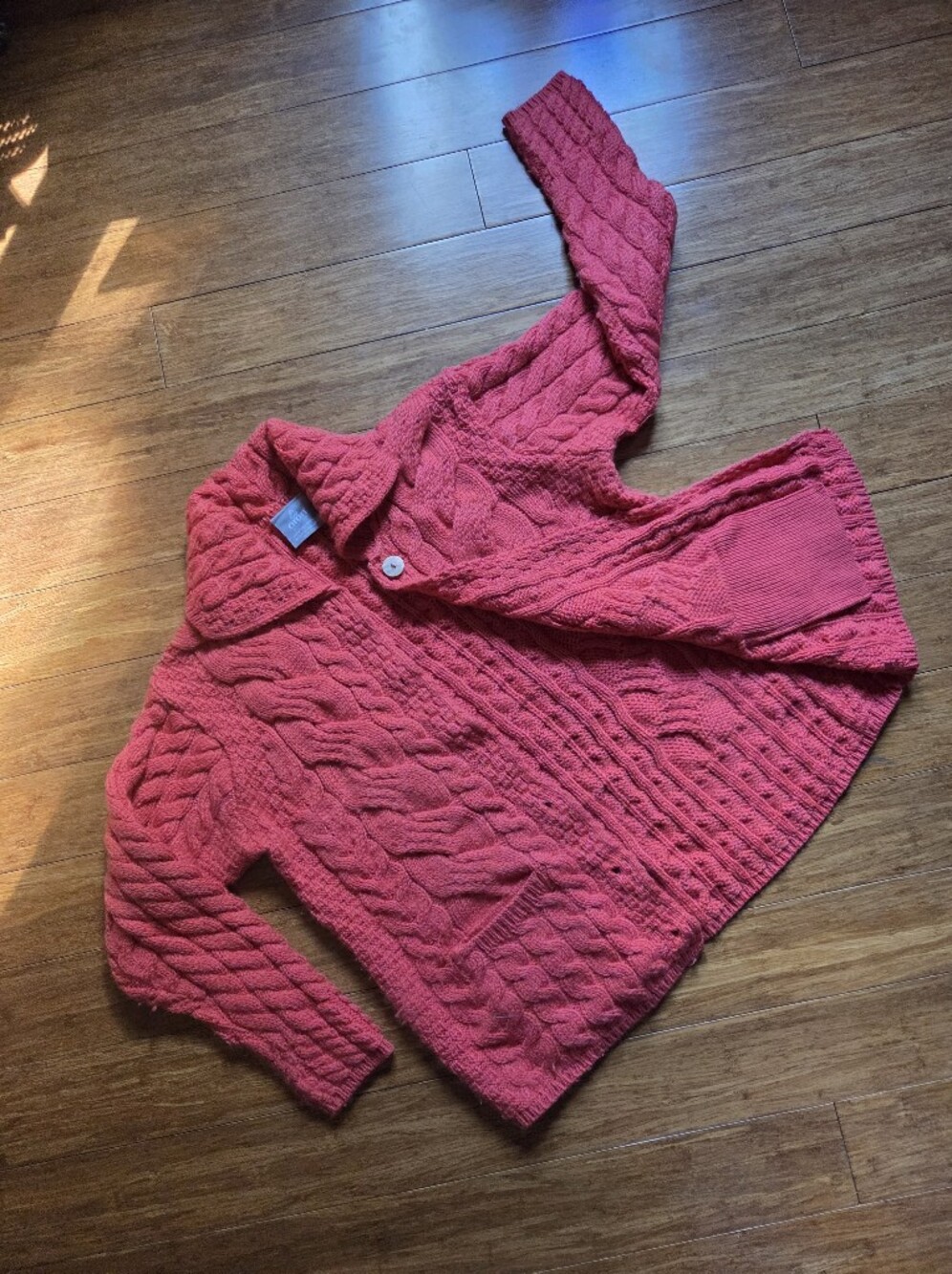 Aran Woollen Mills L Irish Merino Wool Cable Knit Cardigan Sweater Coral Red